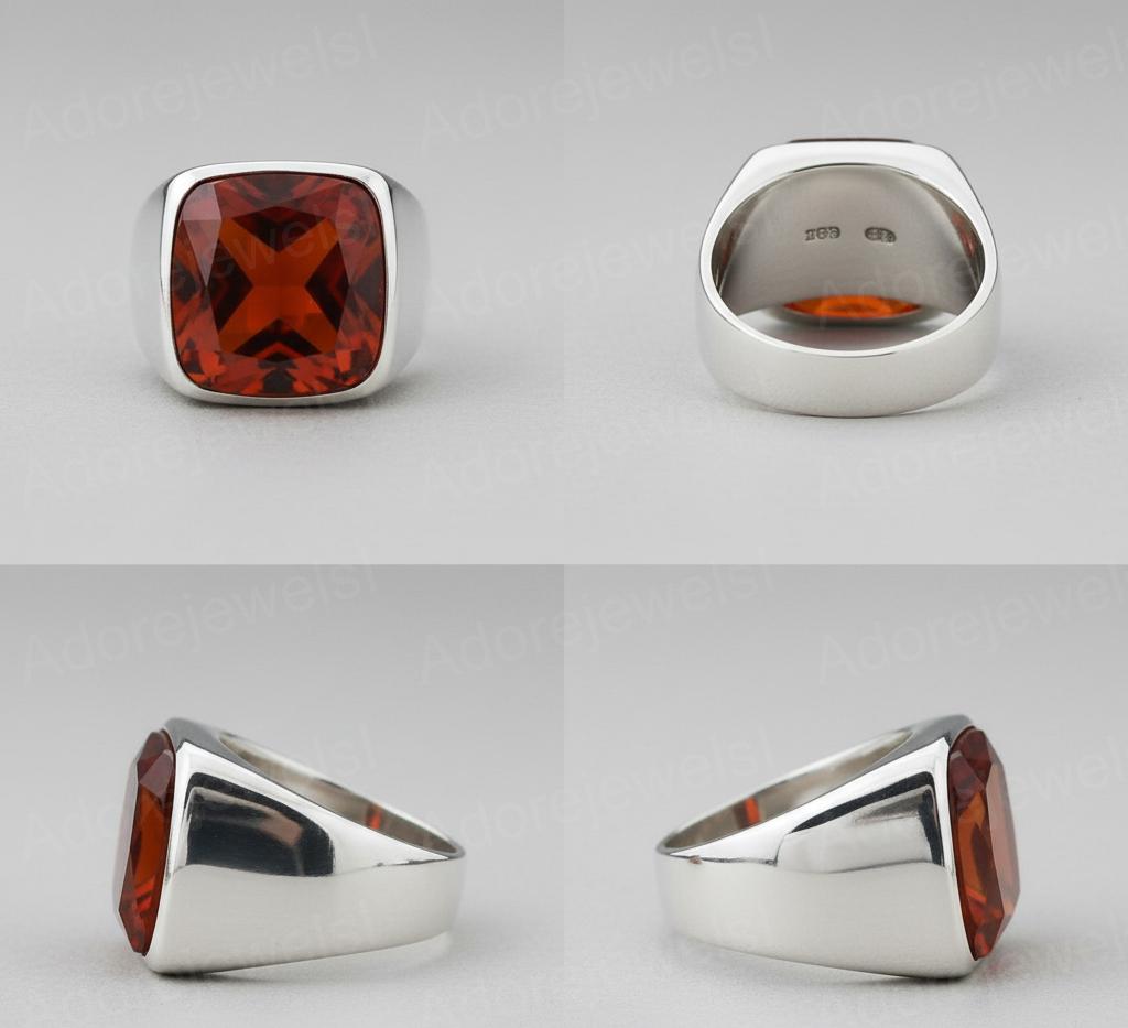Natural Garnet Signet Ring, Cushion Cut, 925 Sterling Silver