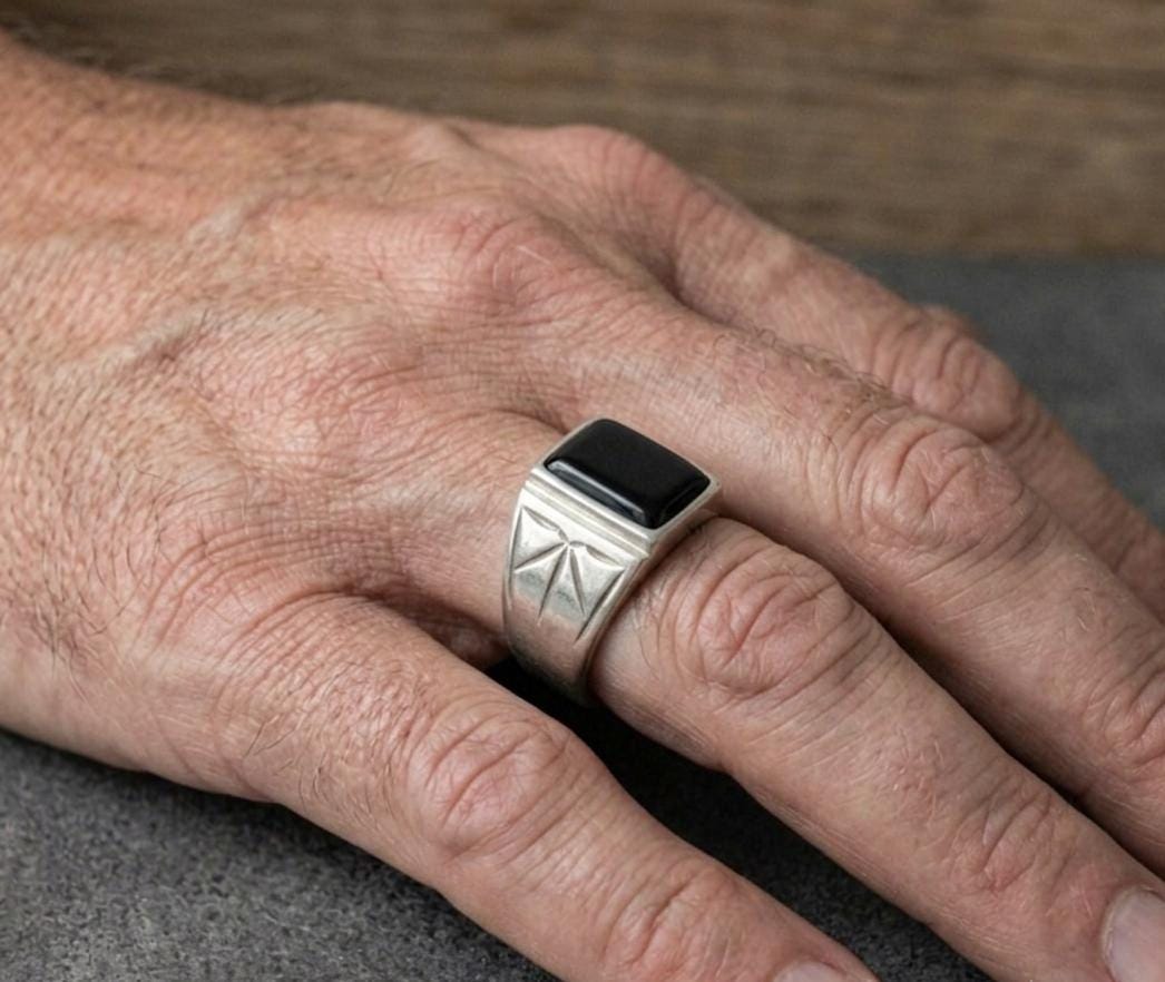 Handmade Black Onyx Men's Ring - Greek Sterling Silver Signet Ring for Men - Gift for Him - Rectangular Statement Ring