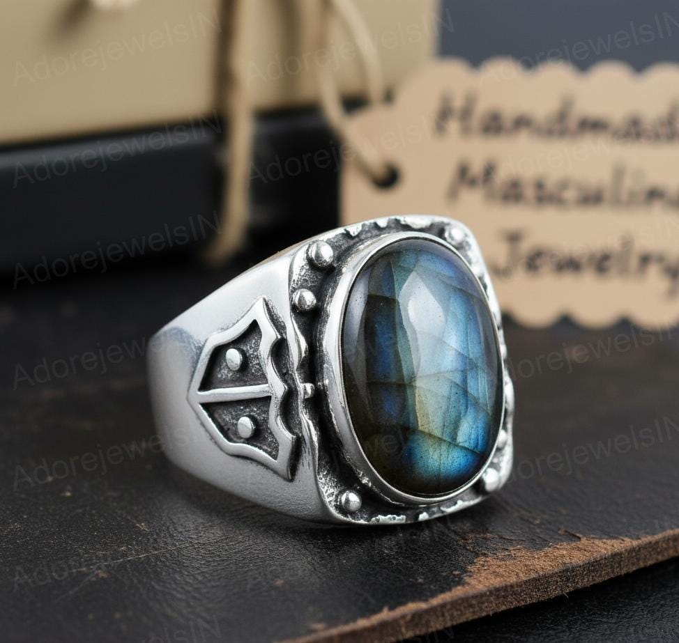 Mens Sterling Silver Labradorite Ring, Greek Design, Oval 12x16mm