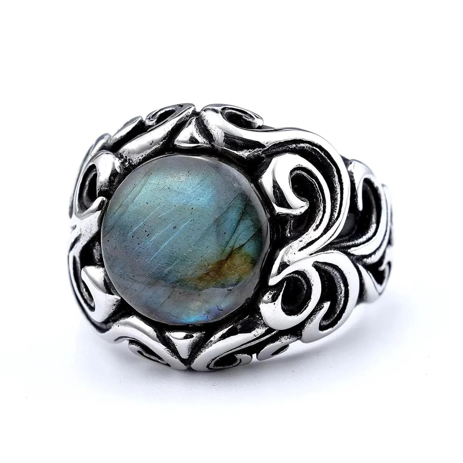 Floral Sterling Silver Labradorite Signet Ring, Mens Heavy Ring (12mm)