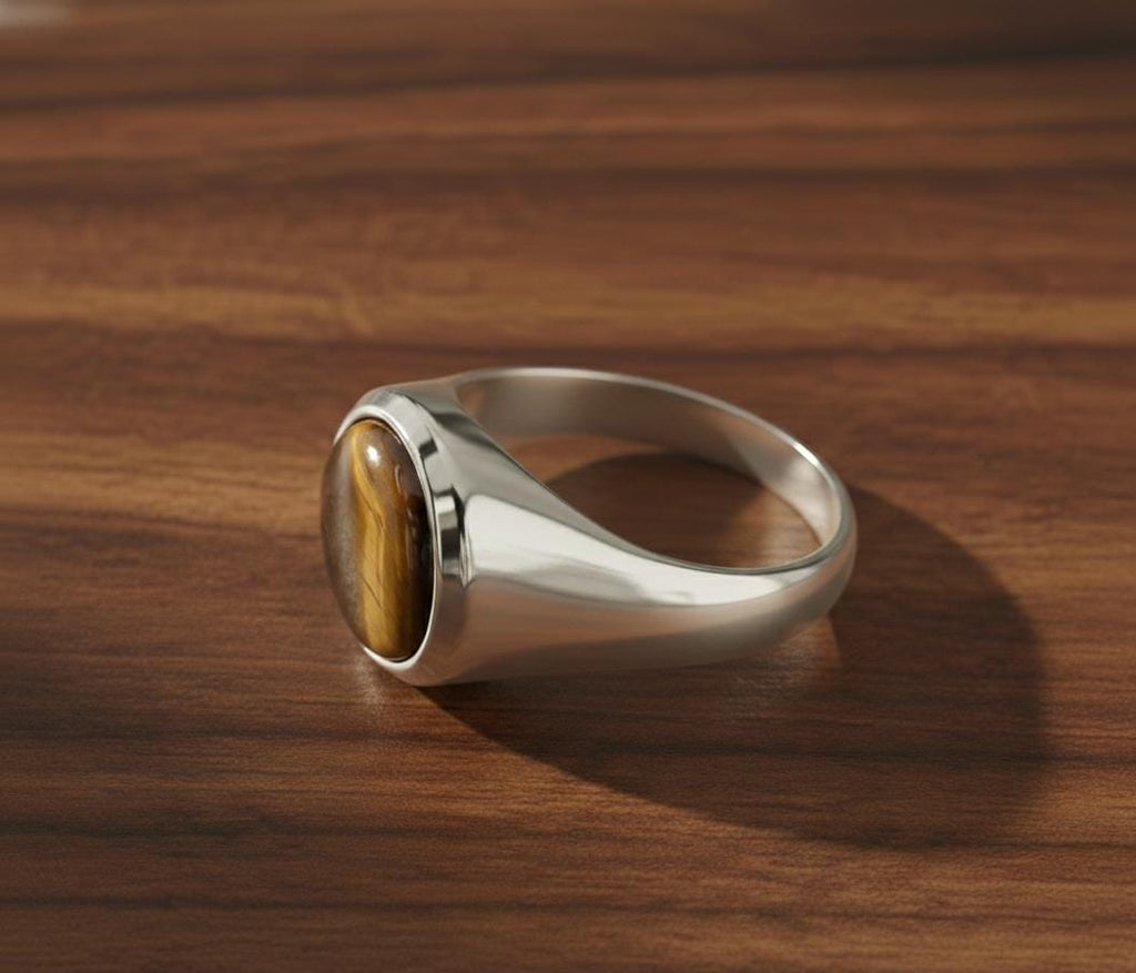 Sterling Silver Signet Ring, Natural Yellow Tiger Eye, Mens Heavy Ring
