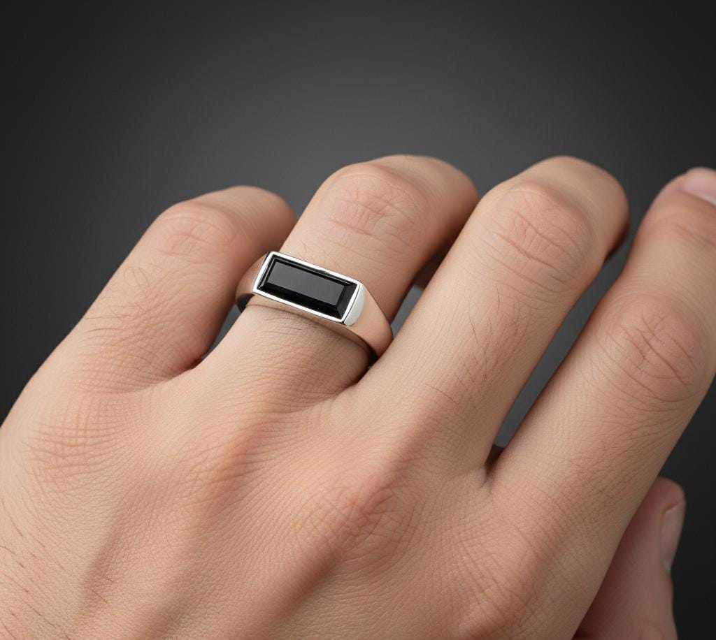 Sterling Silver Black Onyx Signet Ring, Stackable Rectangle Stone