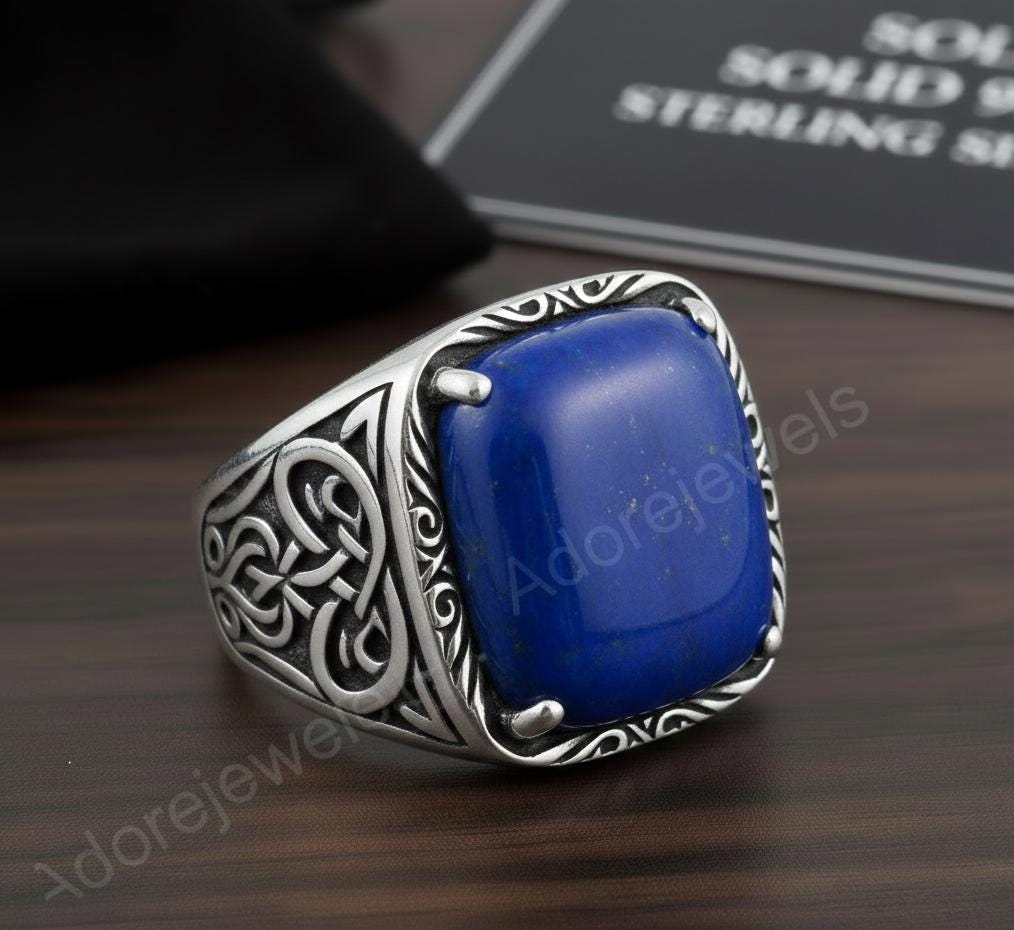 Afghani Lapis Lazuli Octagon Sterling Silver Signet Ring, Turkish Mens Ring