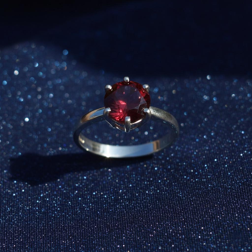 Sterling Silver Garnet Ring, Round Cut Gemstone, Prong Setting