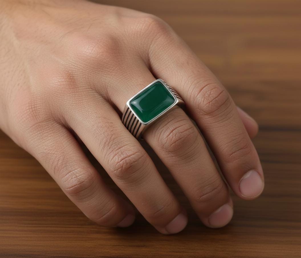 Oxidized Sterling Silver Signet Ring, Green Onyx, Vintage Style