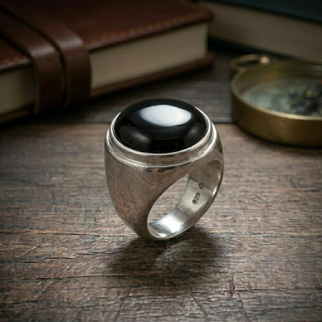 Sterling Silver Black Onyx Ring, Ottoman Style Signet Ring