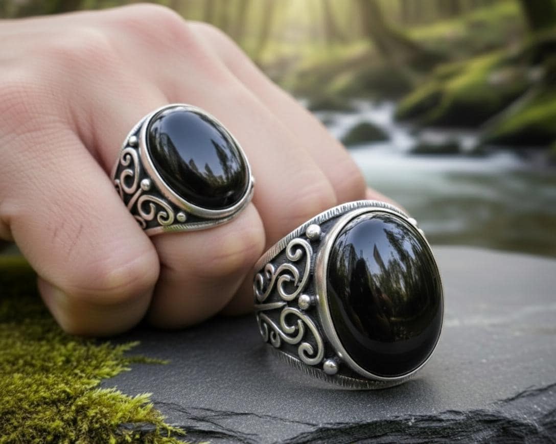 Oxidized Sterling Silver Signet Ring, Black Onyx, Vintage Floral Mens Ring