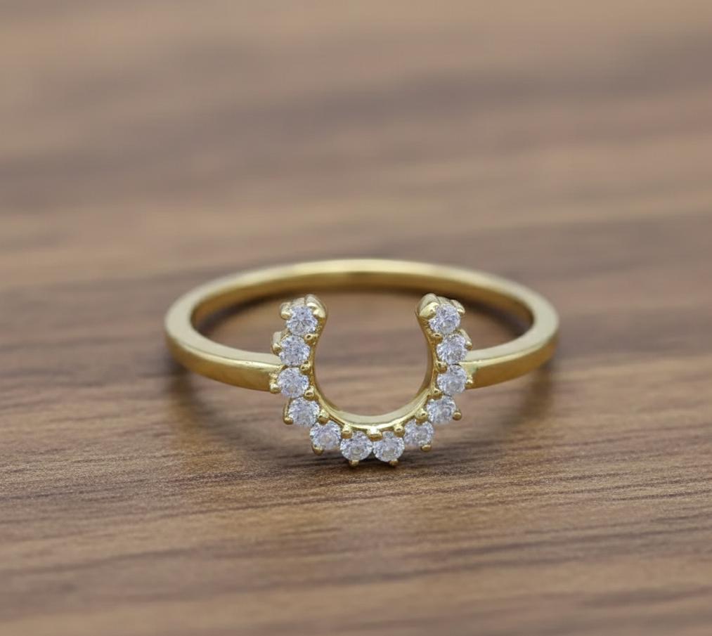 Solid 925 sterling silver Gold Horseshoe Ring with Zircon, Prong Setting Round Stone