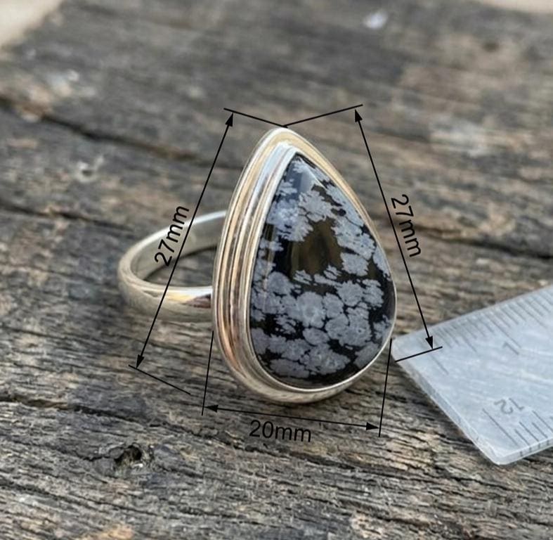 Handmade Snowflake Obsidian Ring, Teardrop Gemstone Ring, Minimalist Sterling Silver Bezel Setting, Unique Natural Stone Jewelry for Her
