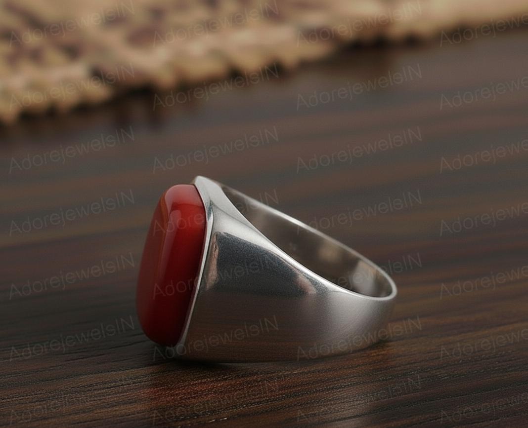 Mens Sterling Silver Red Coral Ring, Greek Design, Oval 12x16mm