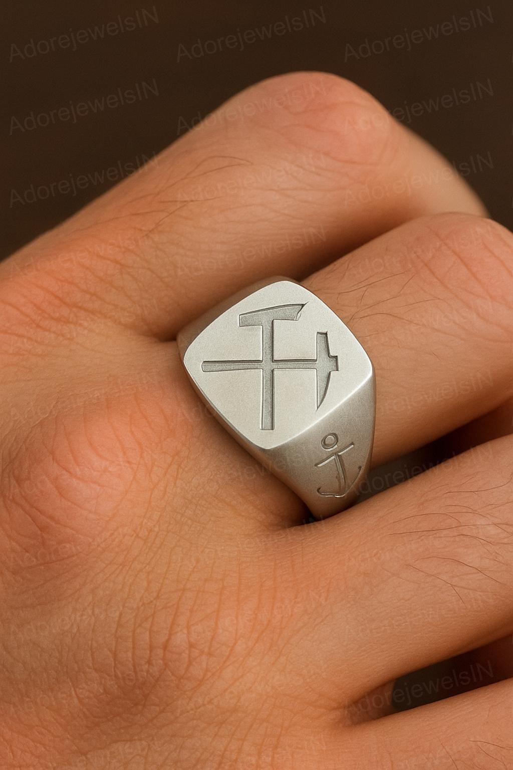 Sterling Silver Hammer Pickaxe Ring, Anchor Nautical Band, Worker Jewelry