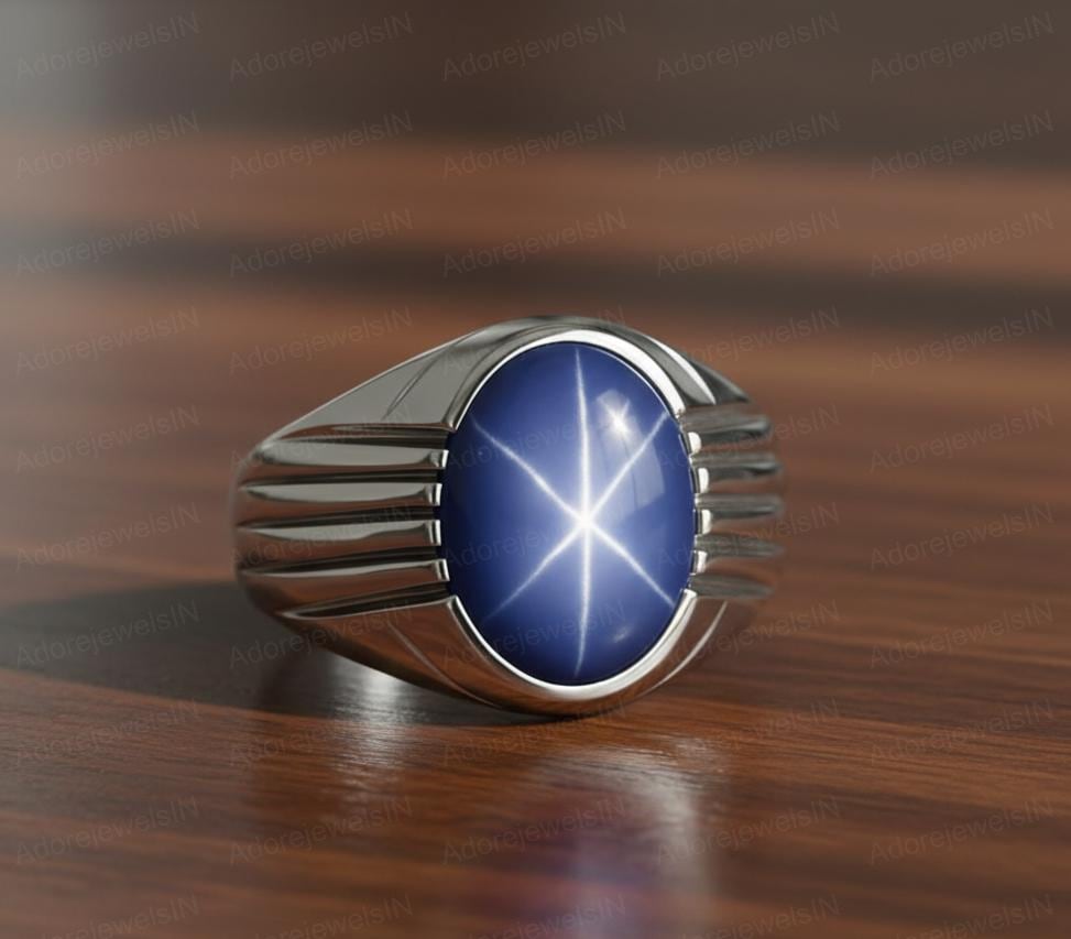 Natural Star Sapphire Sterling Silver Mens Ring, Ottoman Style