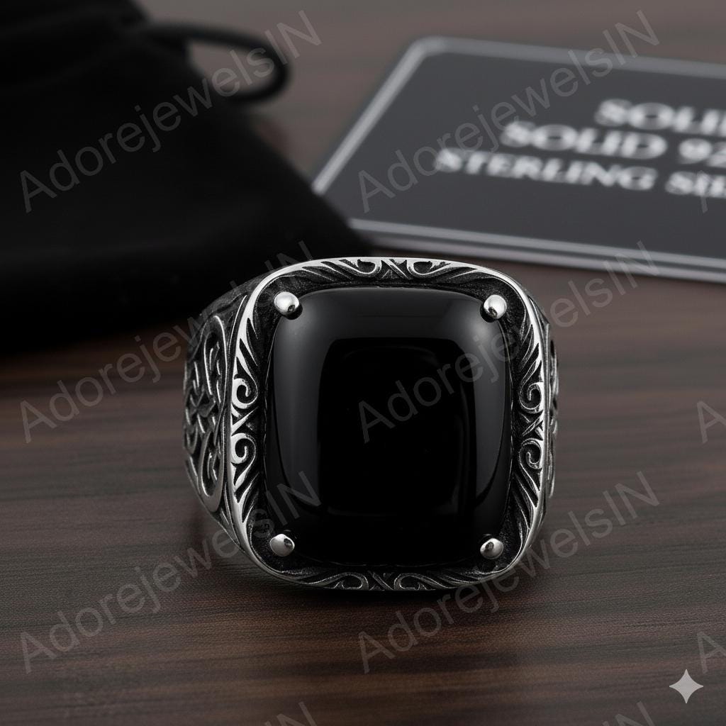 Black Onyx Octagon Sterling Silver Signet Ring, Turkish Mens Ring