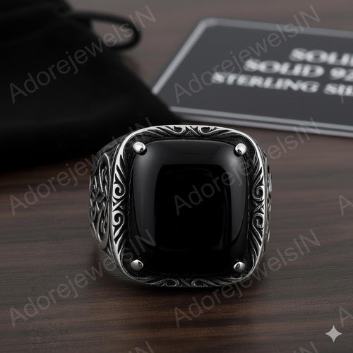Black Onyx Octagon Sterling Silver Signet Ring, Turkish Mens Ring