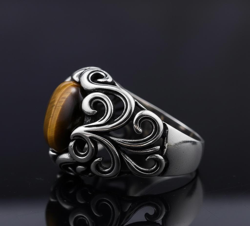 Oxidized Sterling Silver Signet Ring, Yellow Tiger Eye, Floral Design
