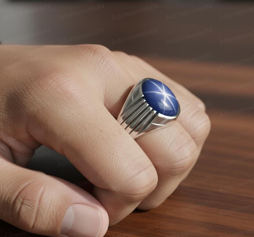 Natural Star Sapphire Sterling Silver Mens Ring, Ottoman Style
