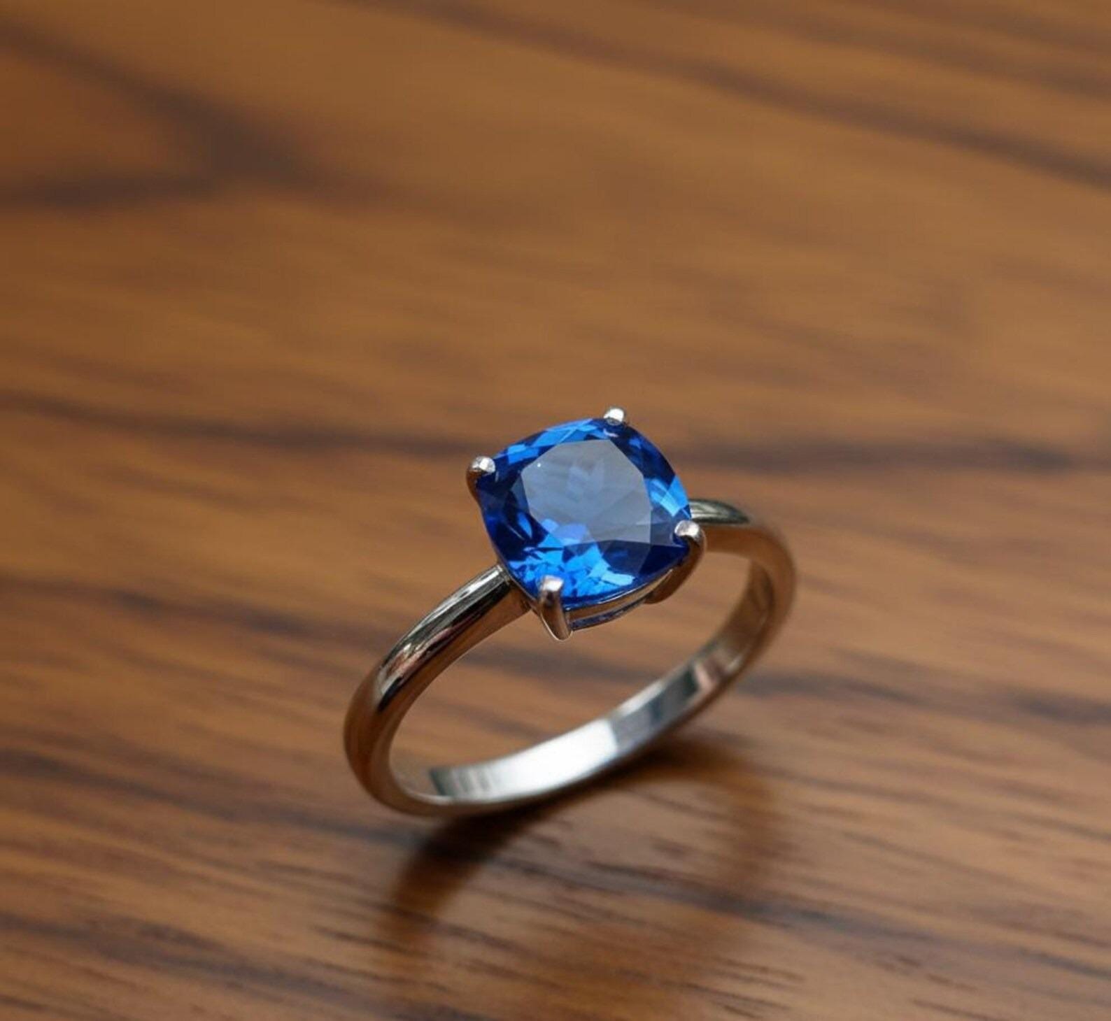 Cushion Cut Sapphire Ring, Solid Sterling Silver, Wife Gift, 10mm,