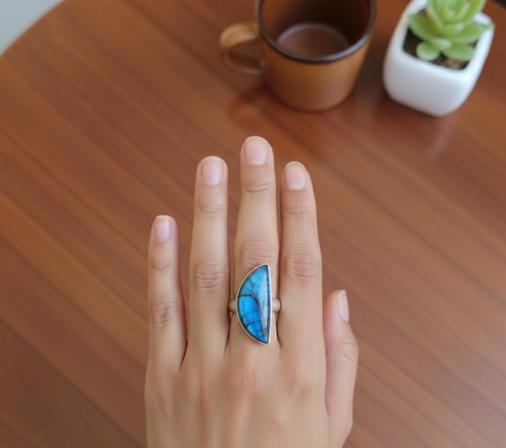 Sterling Silver Madagascar Labradorite Ring, Half Moon Gemstone