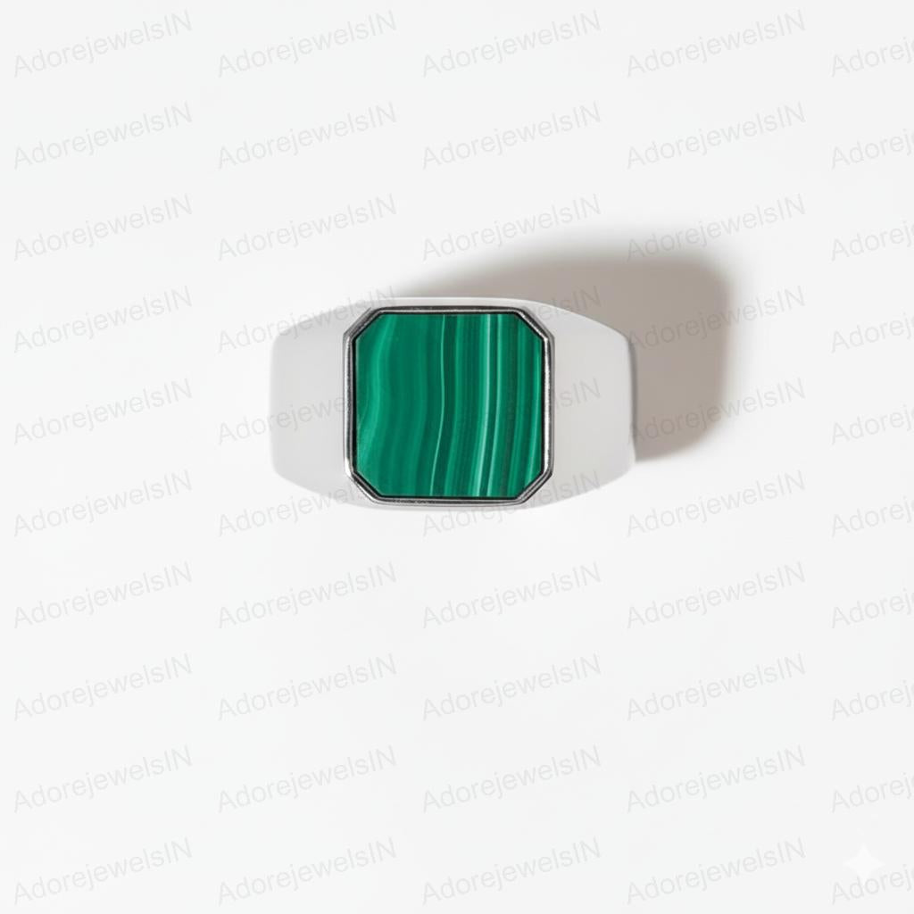 Sterling Silver Malachite Ring, Cushion Cut Gemstone (14x14mm)