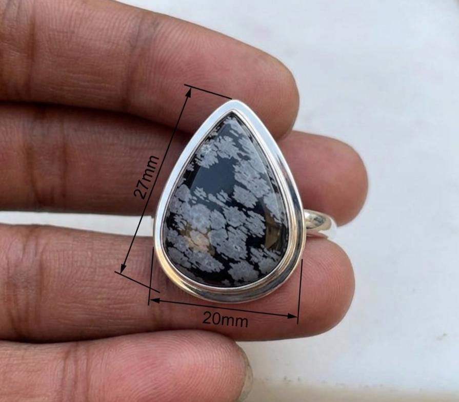 Handmade Snowflake Obsidian Ring, Teardrop Gemstone Ring, Minimalist Sterling Silver Bezel Setting, Unique Natural Stone Jewelry for Her