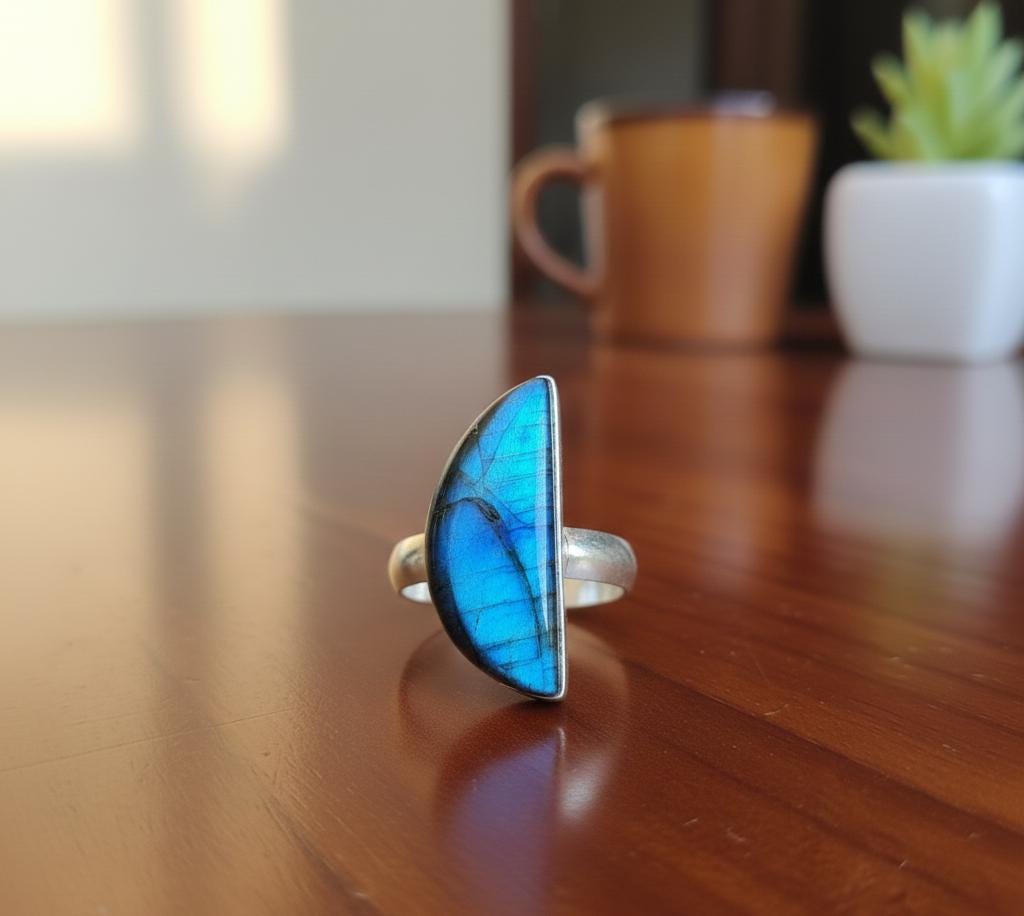 Sterling Silver Madagascar Labradorite Ring, Half Moon Gemstone