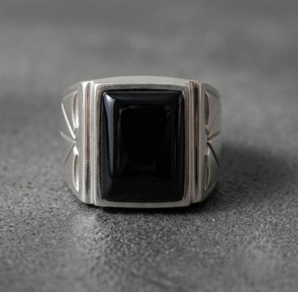 Handmade Black Onyx Men's Ring - Greek Sterling Silver Signet Ring for Men - Gift for Him - Rectangular Statement Ring