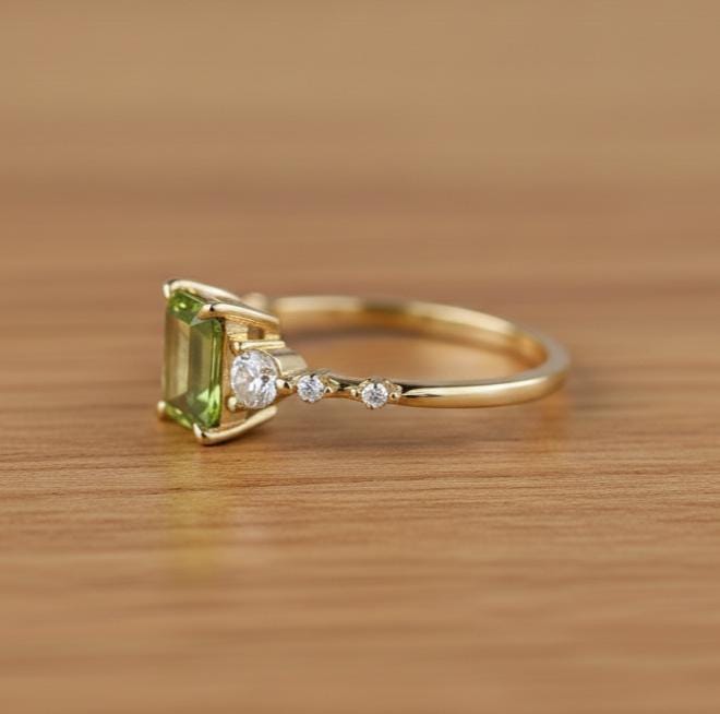 Vintage Peridot Ring, Gold Vermeil, Art Deco Emerald Cut, August Birthstone, Oval Gemstone