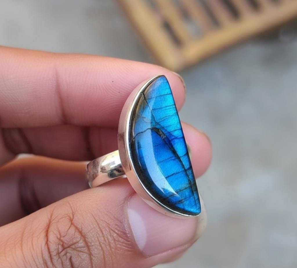 Sterling Silver Madagascar Labradorite Ring, Half Moon Gemstone