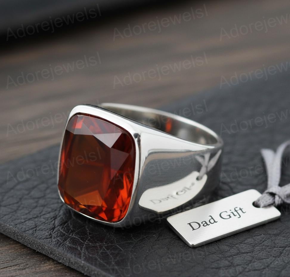 Natural Garnet Signet Ring, Cushion Cut, 925 Sterling Silver