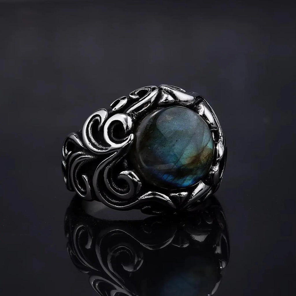 Floral Sterling Silver Labradorite Signet Ring, Mens Heavy Ring (12mm)
