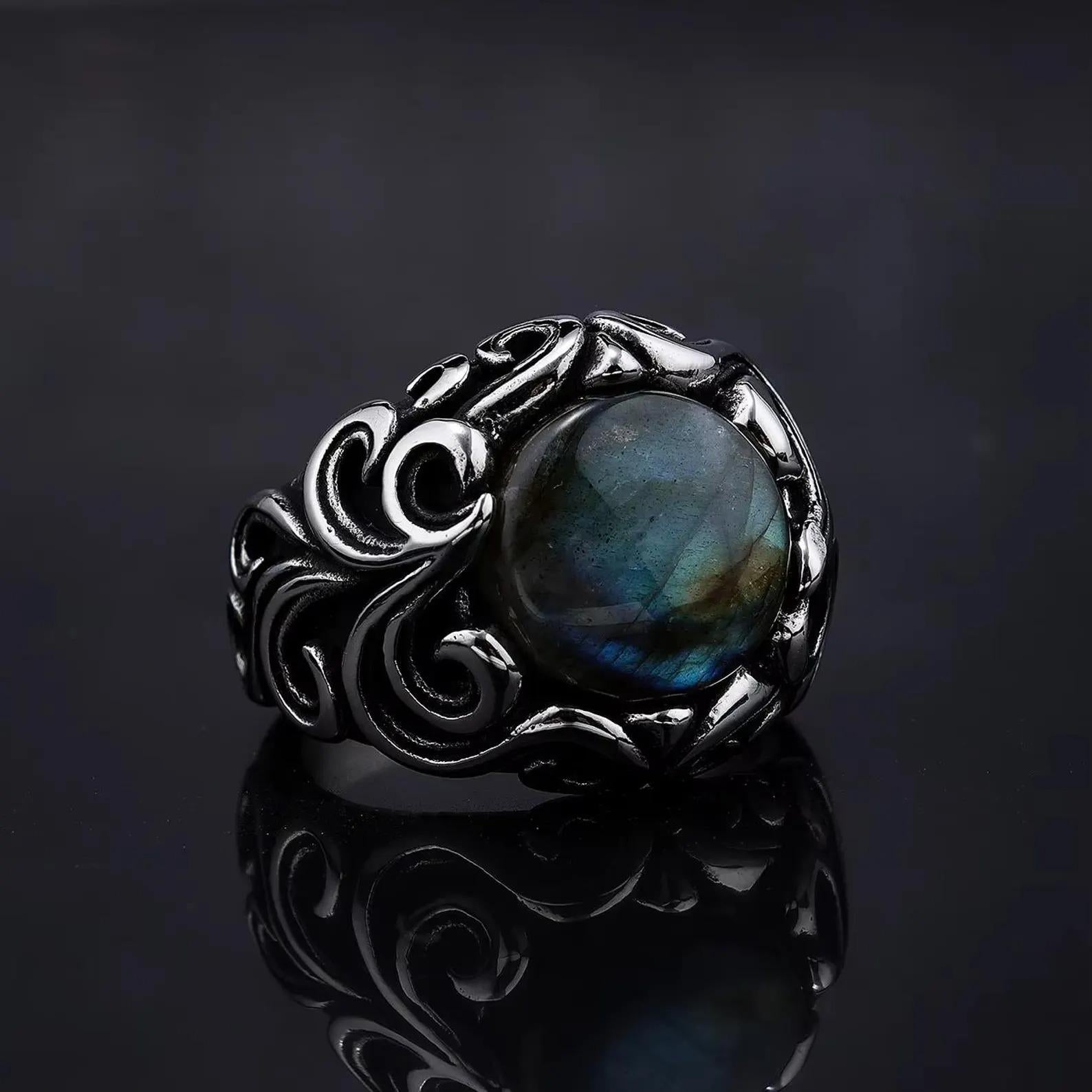 Floral Sterling Silver Labradorite Signet Ring, Mens Heavy Ring (12mm)