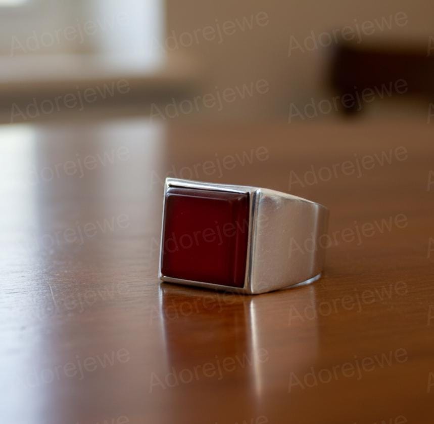 Natural Carnelian Sterling Silver Signet Ring, Square Stone Mens Ring, Christmas Gift