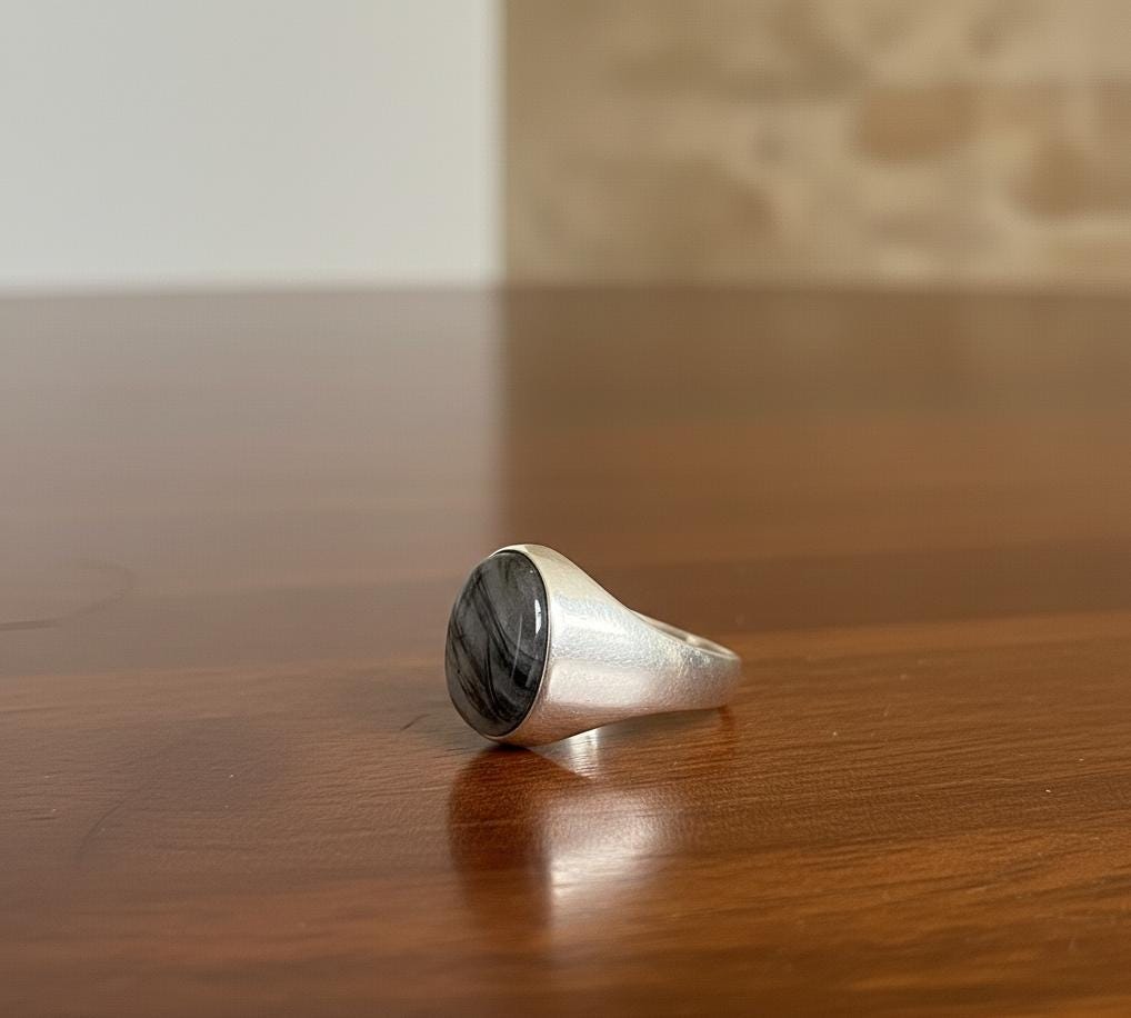Sterling Silver Black Rutile Ring, Oval Cabochon, Ottoman Style
