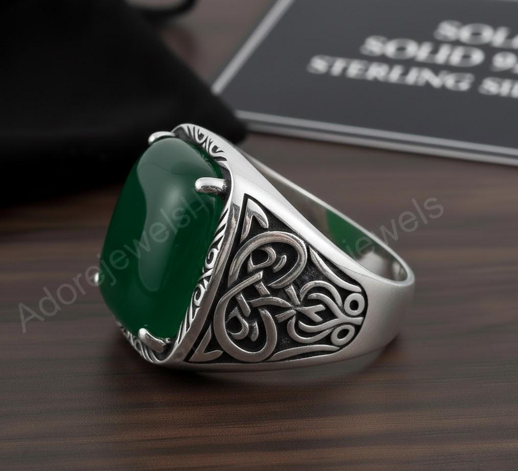 Green Onyx Octagon Sterling Silver Signet Ring, Turkish Mens Ring