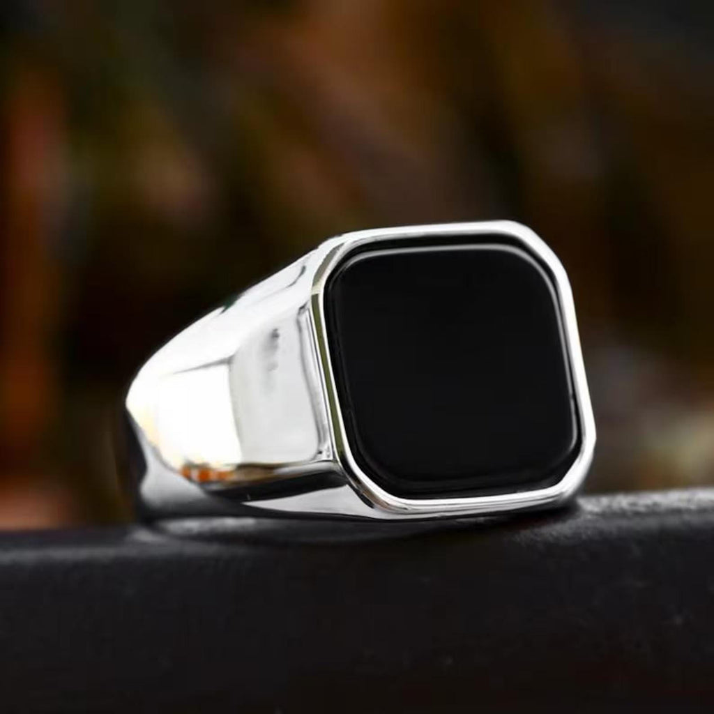 Black Onyx Signet Ring, 925 Sterling Silver, Mens Cushion Ring