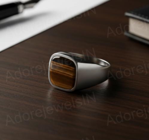 Sterling Silver Signet Ring, Natural Yellow Tiger Eye, Mens Heavy Ring