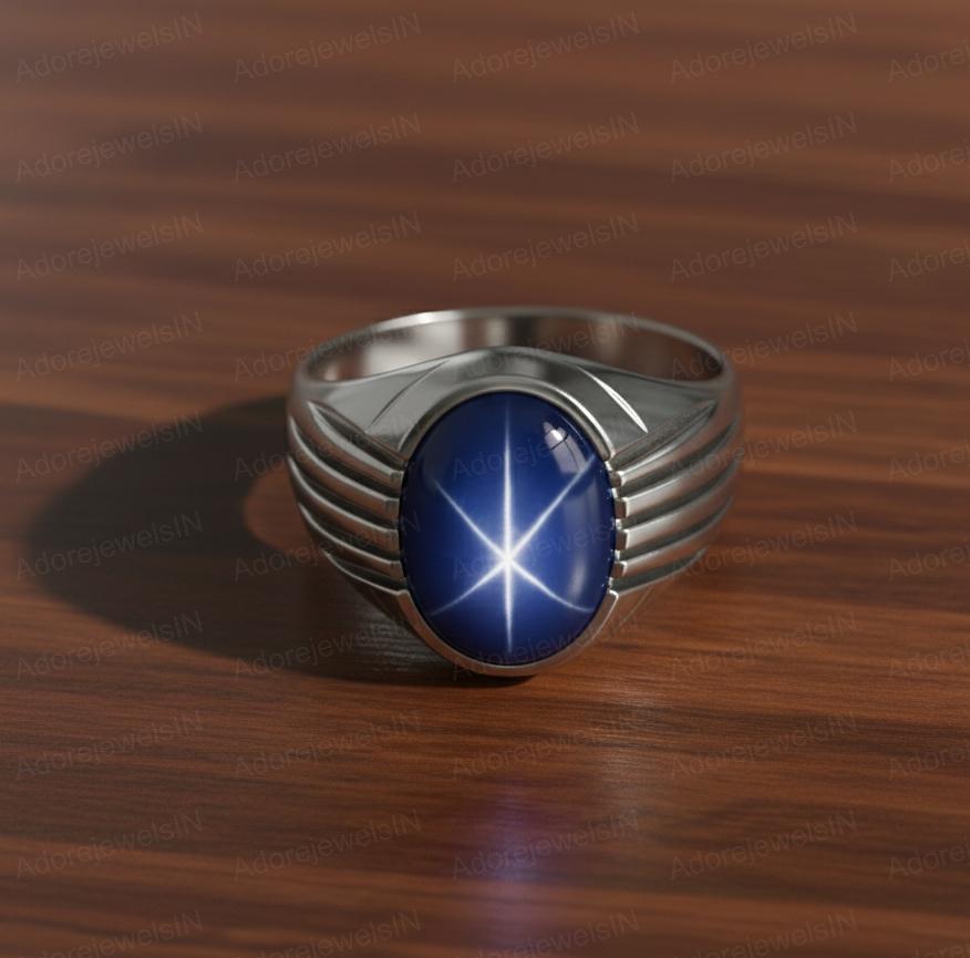 Natural Star Sapphire Sterling Silver Mens Ring, Ottoman Style