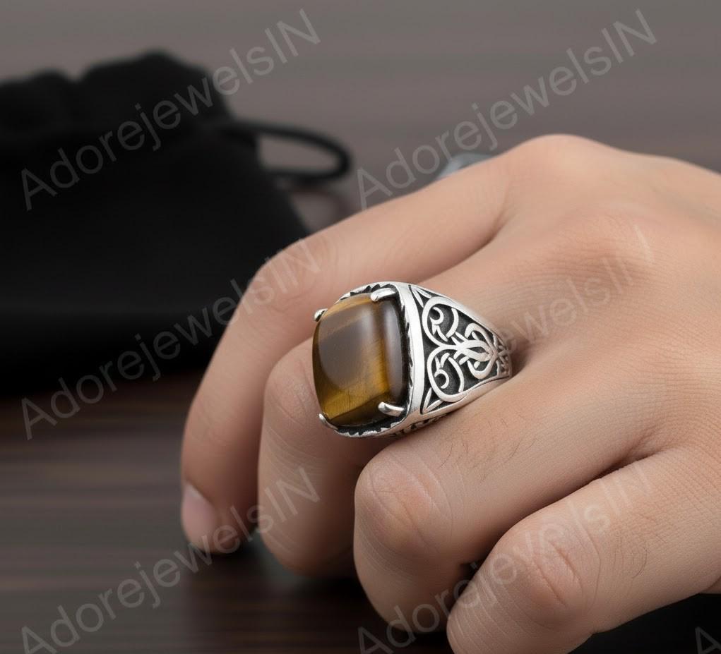 Tiger Eye Octagon Sterling Silver Signet Ring, Turkish Mens Ring