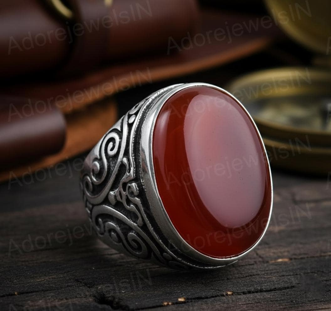 Mens Floral Sterling Silver Signet Ring, Carnelian Gemstone (12x16mm)