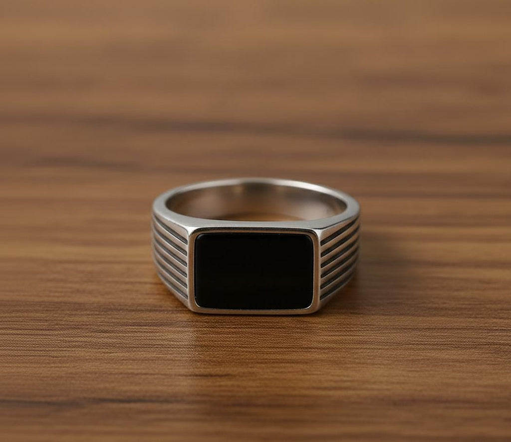 Oxidized Sterling Silver Signet Ring, Black Onyx, Mens Vintage Style