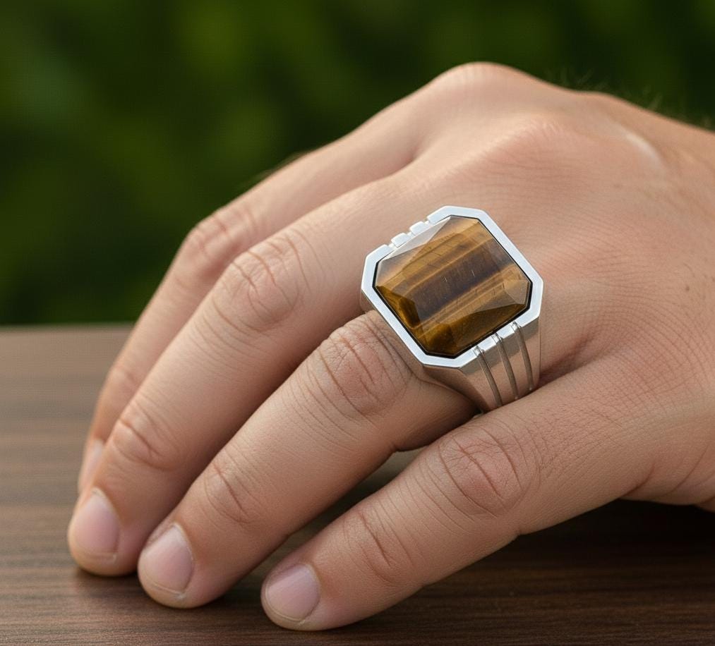 Sterling Silver Signet Ring, Natural Yellow Tiger Eye, Mens Heavy Ring, Faceted Cut Gemstone