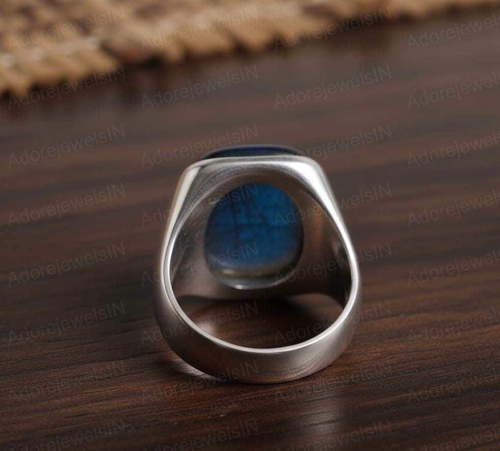 Mens Sterling Silver Labradorite Ring, Greek Design, Oval 12x16mm
