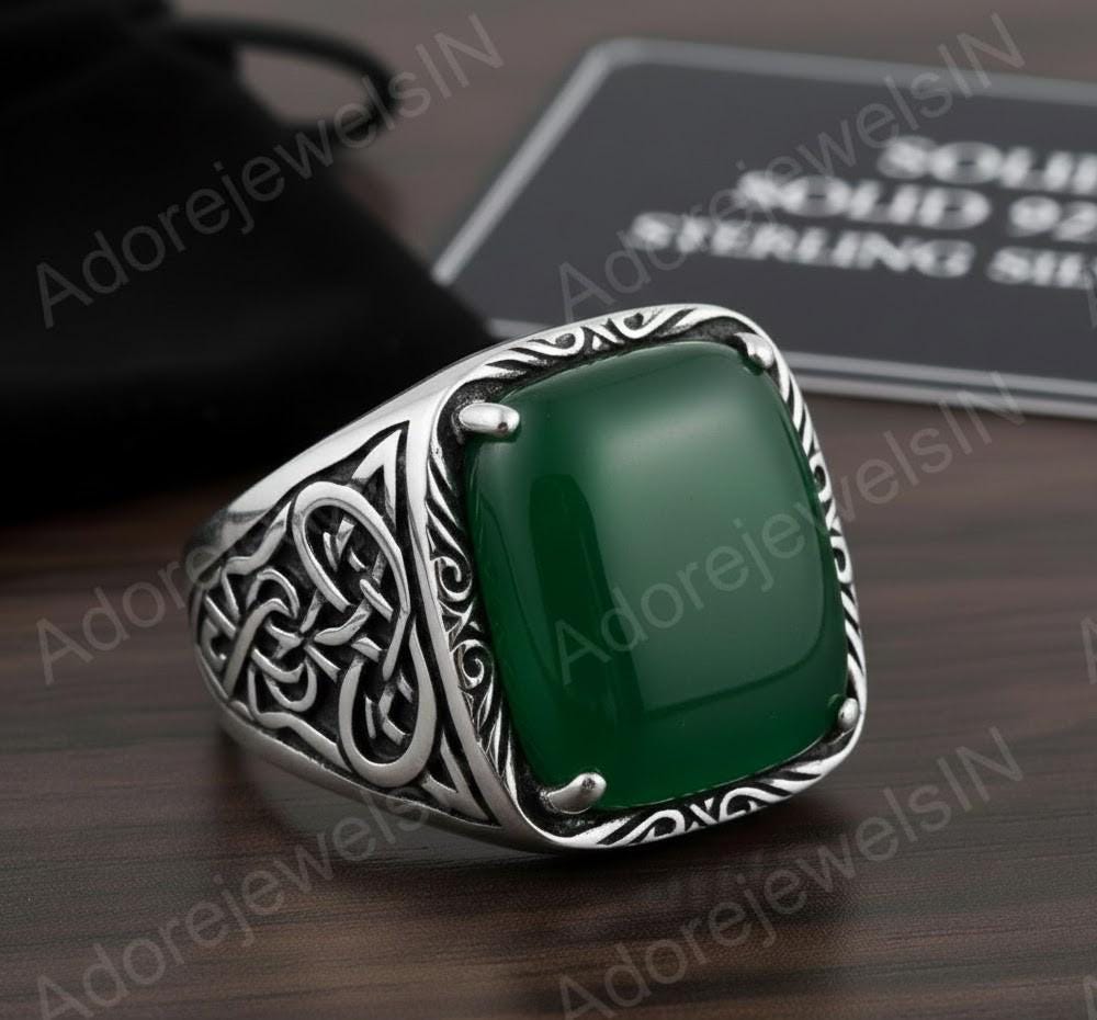 Green Onyx Octagon Sterling Silver Signet Ring, Turkish Mens Ring